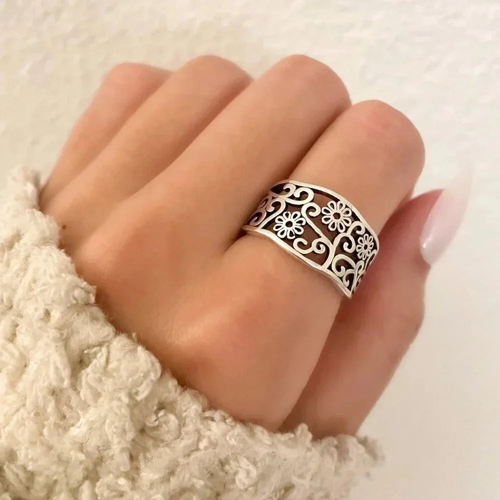 925 Sterling Silver Flower Ring Flower Cutout Ring Vintage Floral Ring Resizable